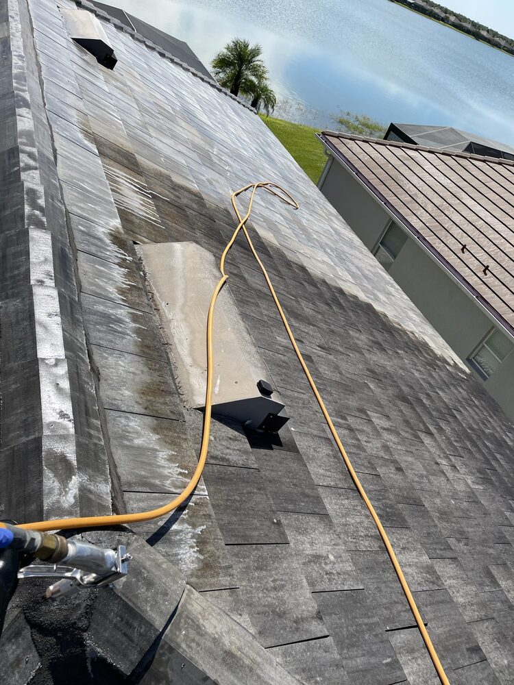 Roof soft washing in progress